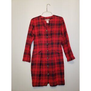 CK Editions Women's Sz 9 Red Black Plaid Long Sleeve Button Front Dress Academia